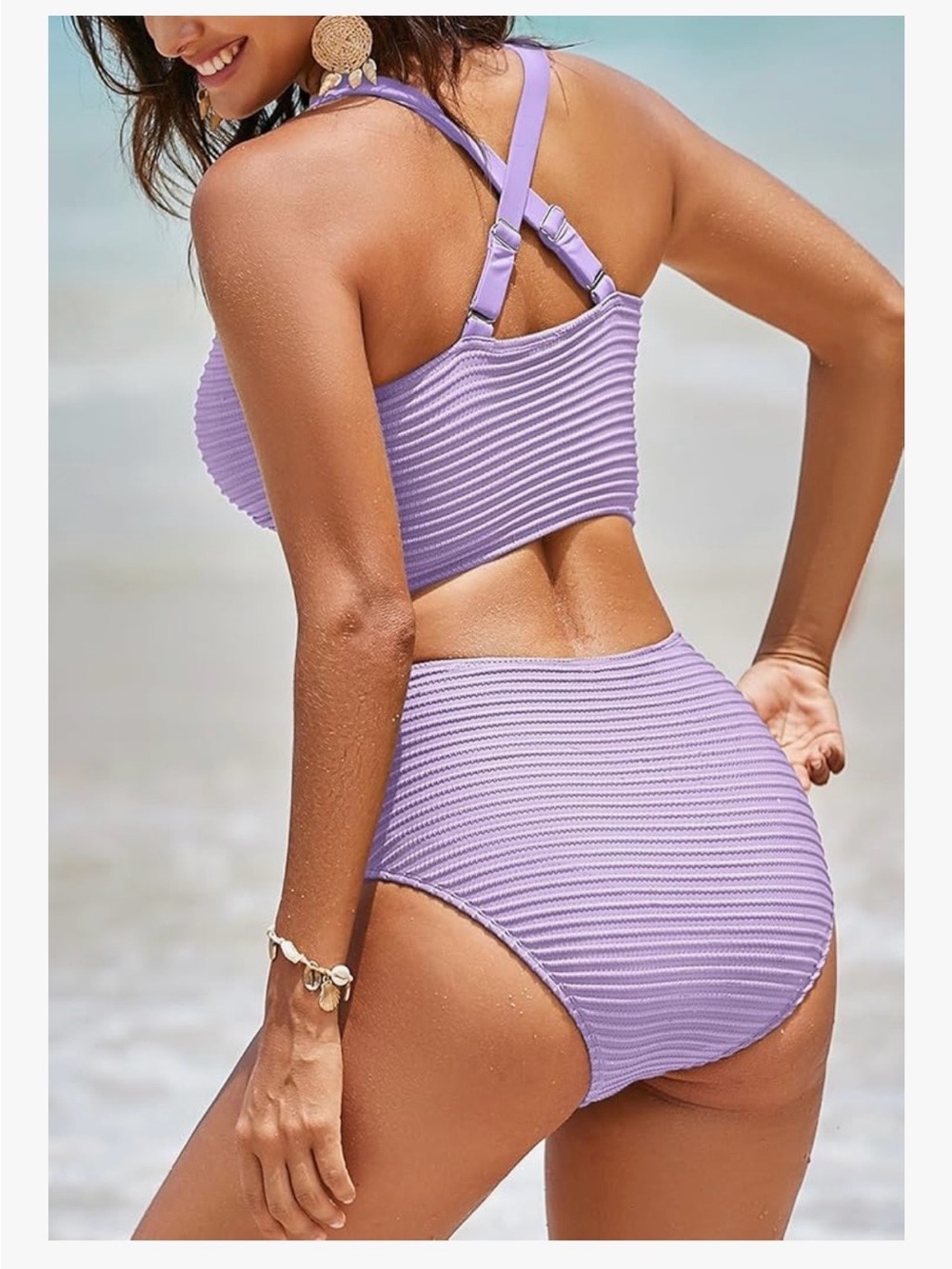 Women's Textured Twist Front Top High Waisted Bikini Set Size Medium - Picture 2 of 5